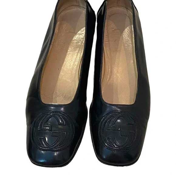 Gucci black flat pumps ballet square toe interlocking GG 8.5 leather